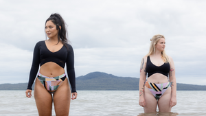 SWMR bikini bottoms in tile print worn with black bikini tops