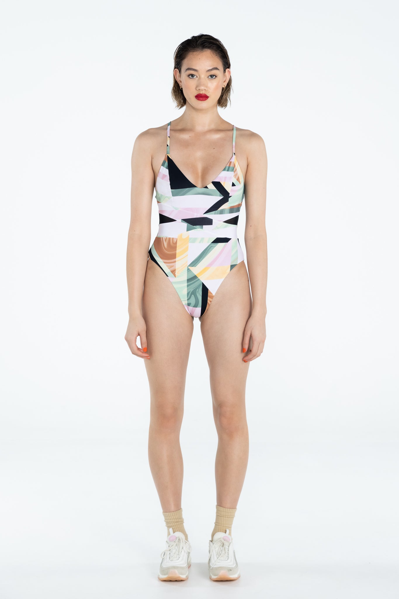SWMR The Dip one piece swimsuit in tile print front view