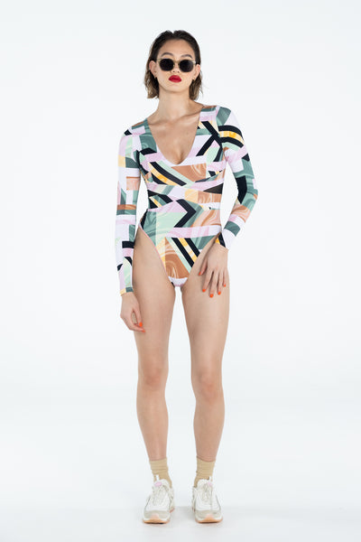 SWMR The Dip paddle suit long sleeved swimsuit in tile print front view